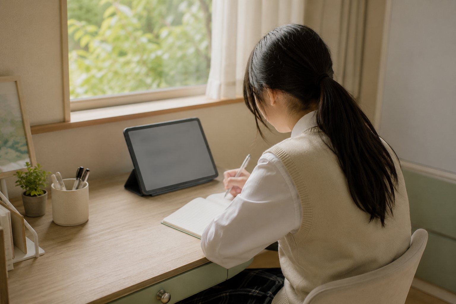 タブレットのアプリを見ながらノートに書き写す中学生