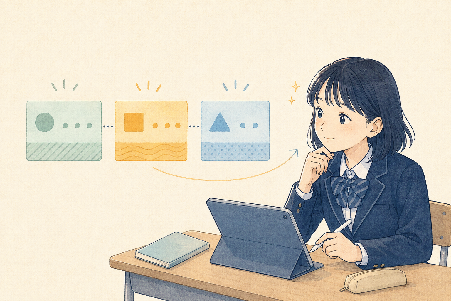 3つのマスを見ながらタブレットで学ぶ中学生